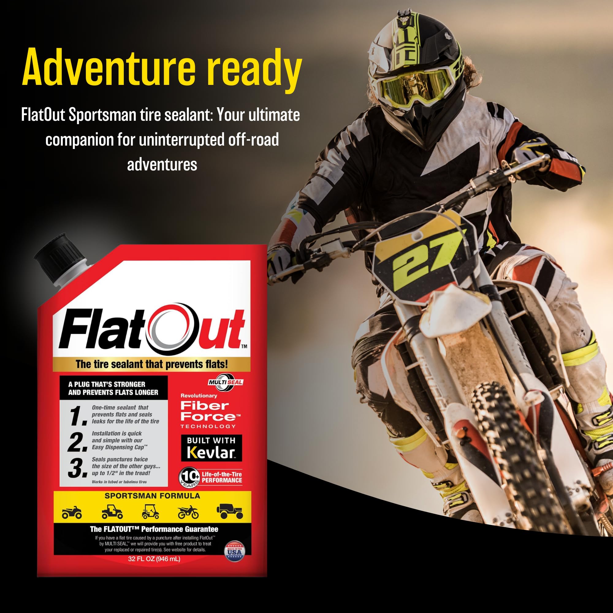 FlatOut Tire Sealant Sportsman Formula Kevlar closeup highlights reinforcement against leaks