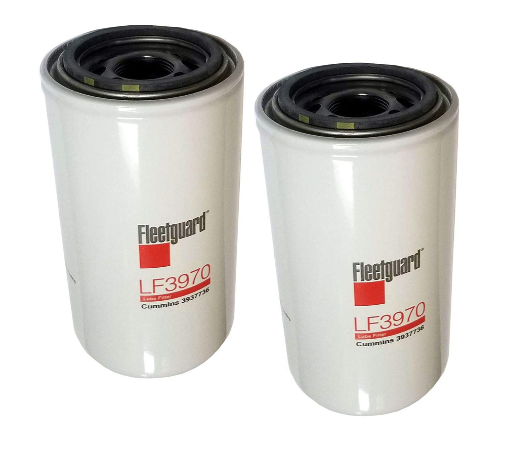 Fleetguard LF3970 oil filter pack of 2, front view, boosts engine protection.