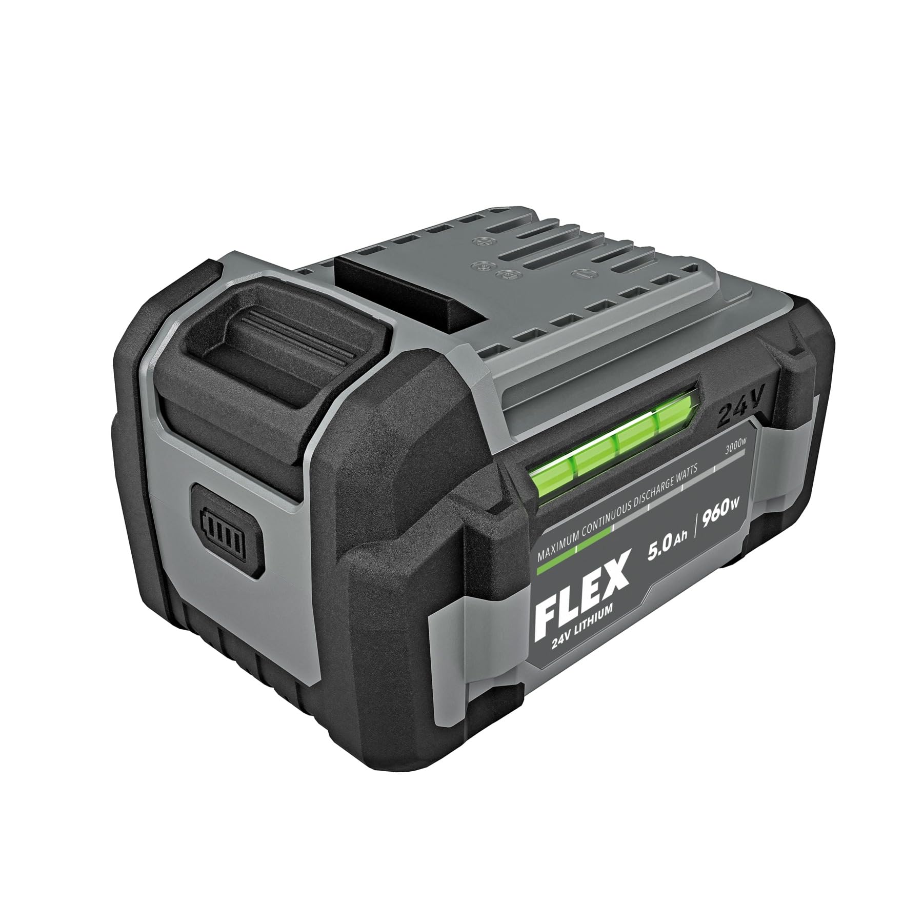 FLEX 24V 5.0Ah battery front view for rugged, long-lasting runtime.