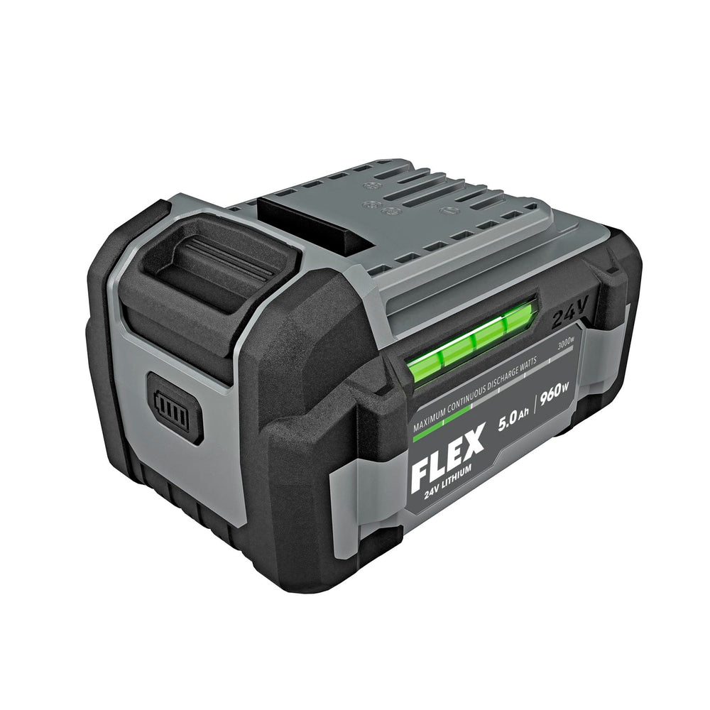 FLEX 24V 5.0Ah battery front view for rugged, long-lasting runtime.