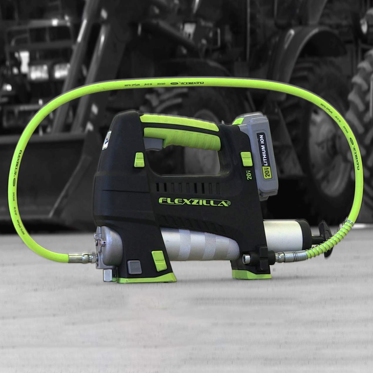 Flexzilla spring guard protects the hose during reach and movement.