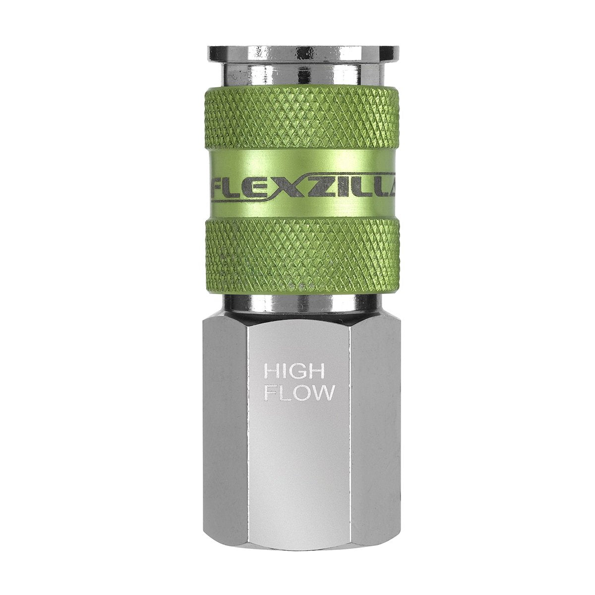 Flexzilla Pro High Flow Coupler with 1/4 body showing robust construction for high-air-demand tools.