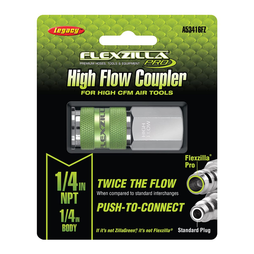 Flexzilla Pro High Flow Coupler 1/4 FNPT demonstrates secure connector for quick tool startup.