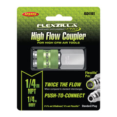 Flexzilla Pro High Flow Coupler 1/4 FNPT demonstrates secure connector for quick tool startup.