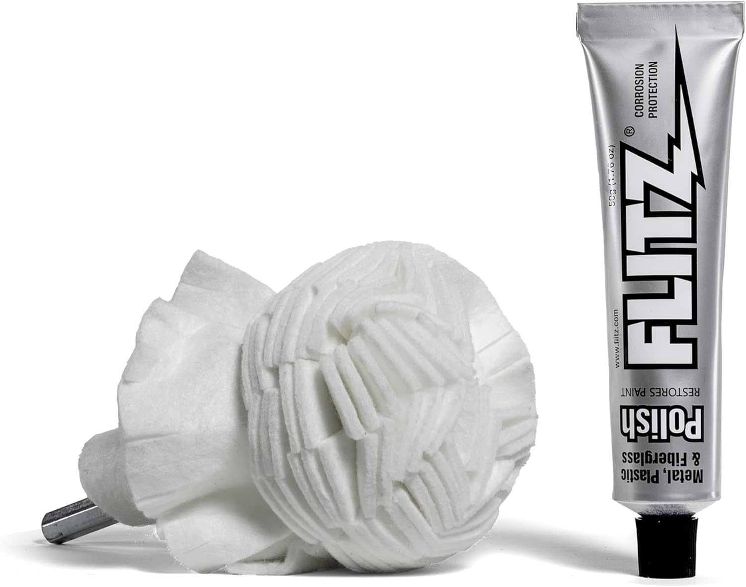 Flitz buff ball attached to drill for high-luster metal and plastic polishing.