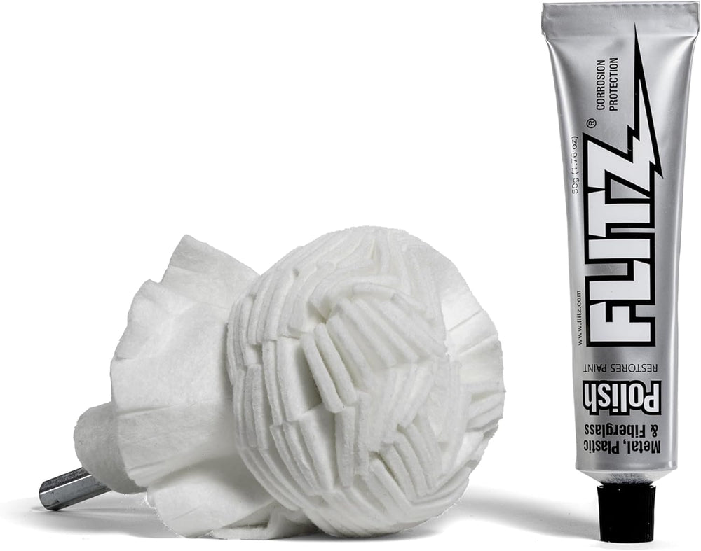 Flitz buff ball attached to drill for high-luster metal and plastic polishing.