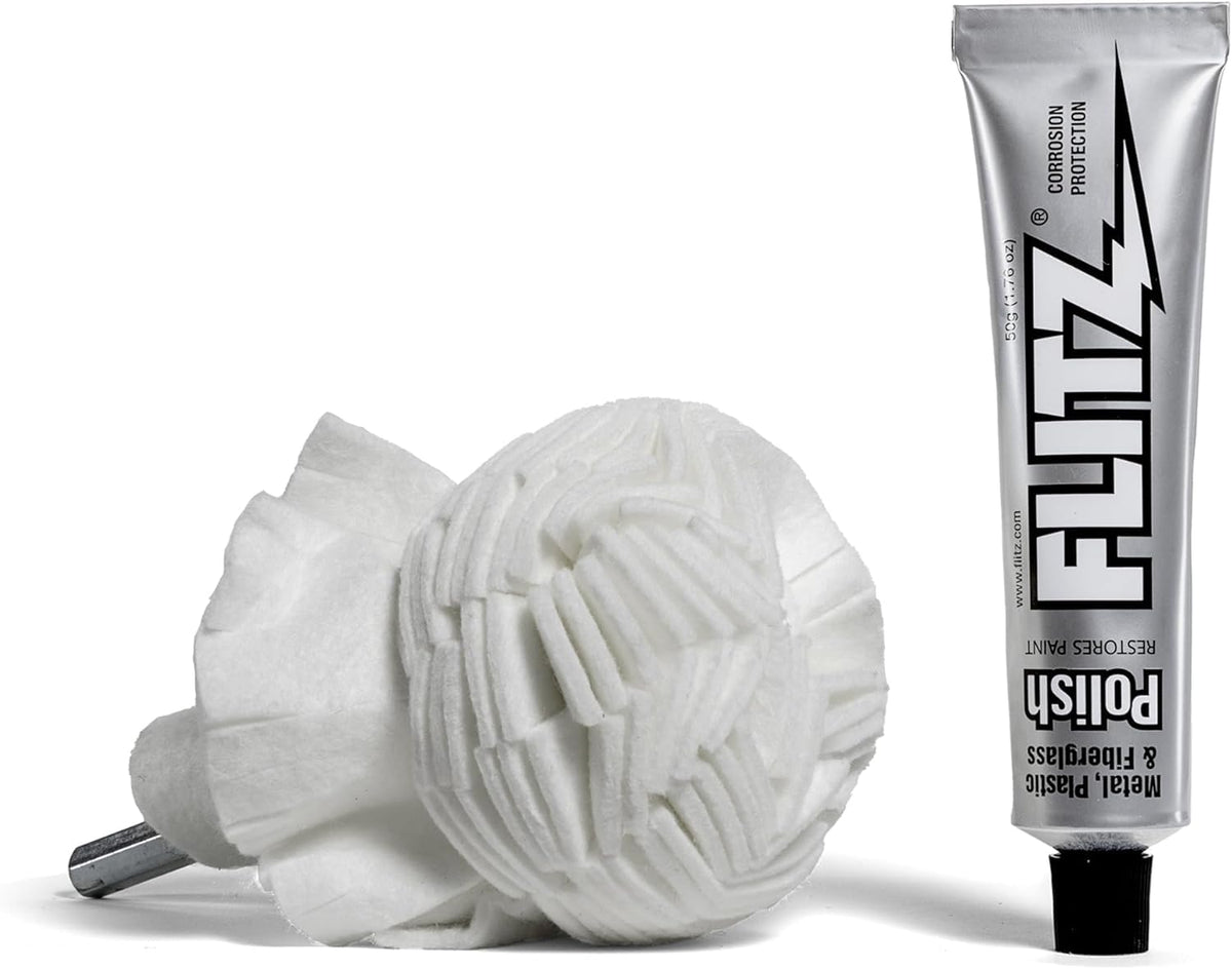 Flitz buff ball attached to drill for high-luster metal and plastic polishing.