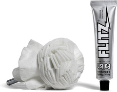 Flitz buff ball attached to drill for high-luster metal and plastic polishing.