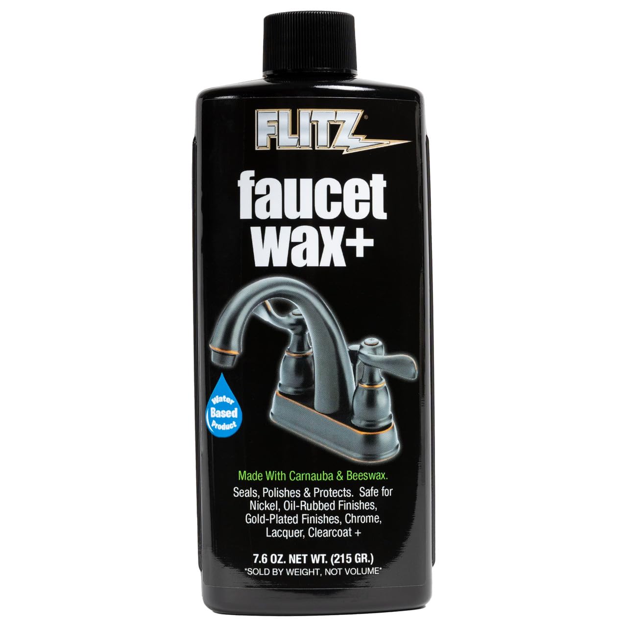 Flitz Faucet Wax Plus bottle pour delivers a protective shine for faucets.