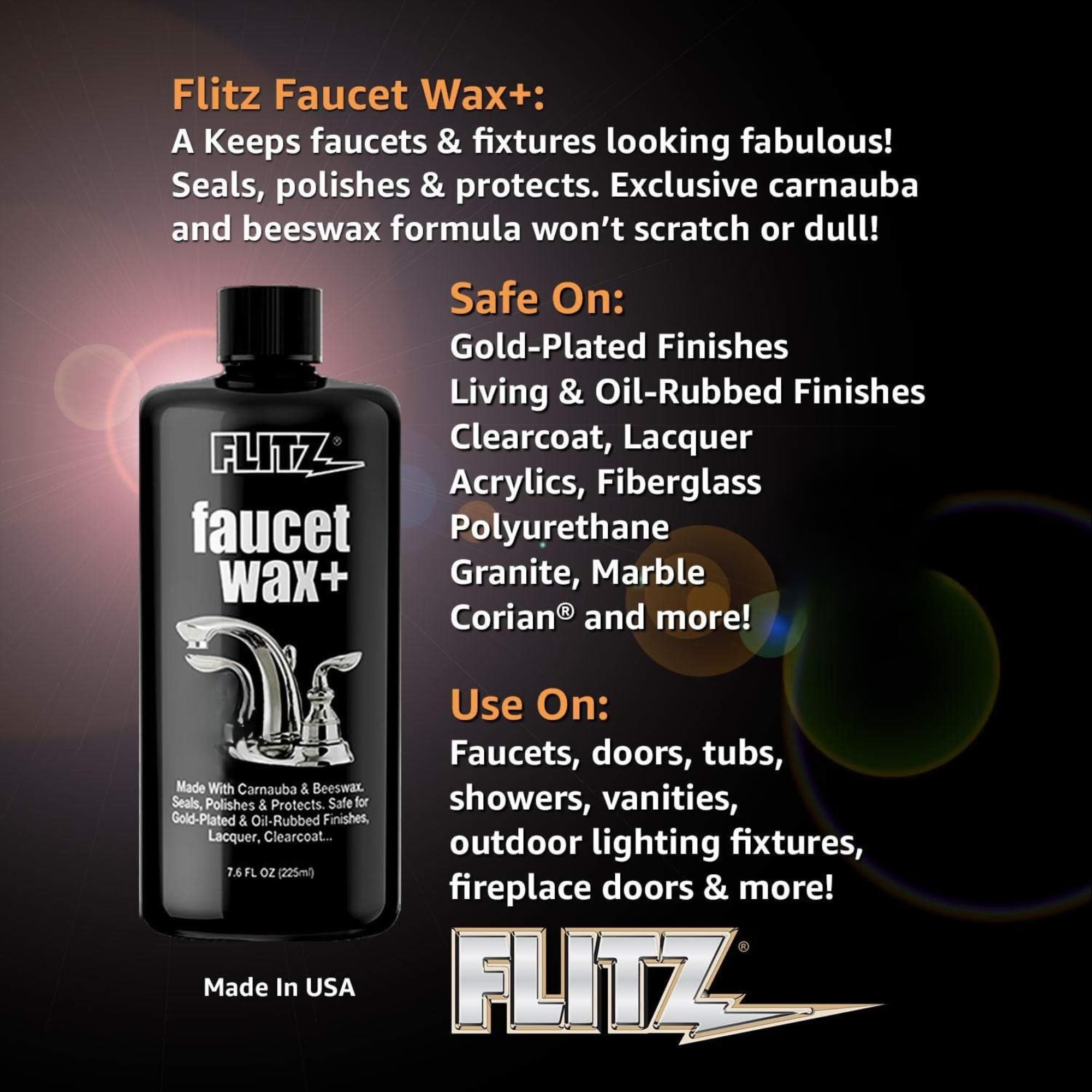 Flitz Faucet Wax Plus granite polish enhances stone surfaces with subtle luster.