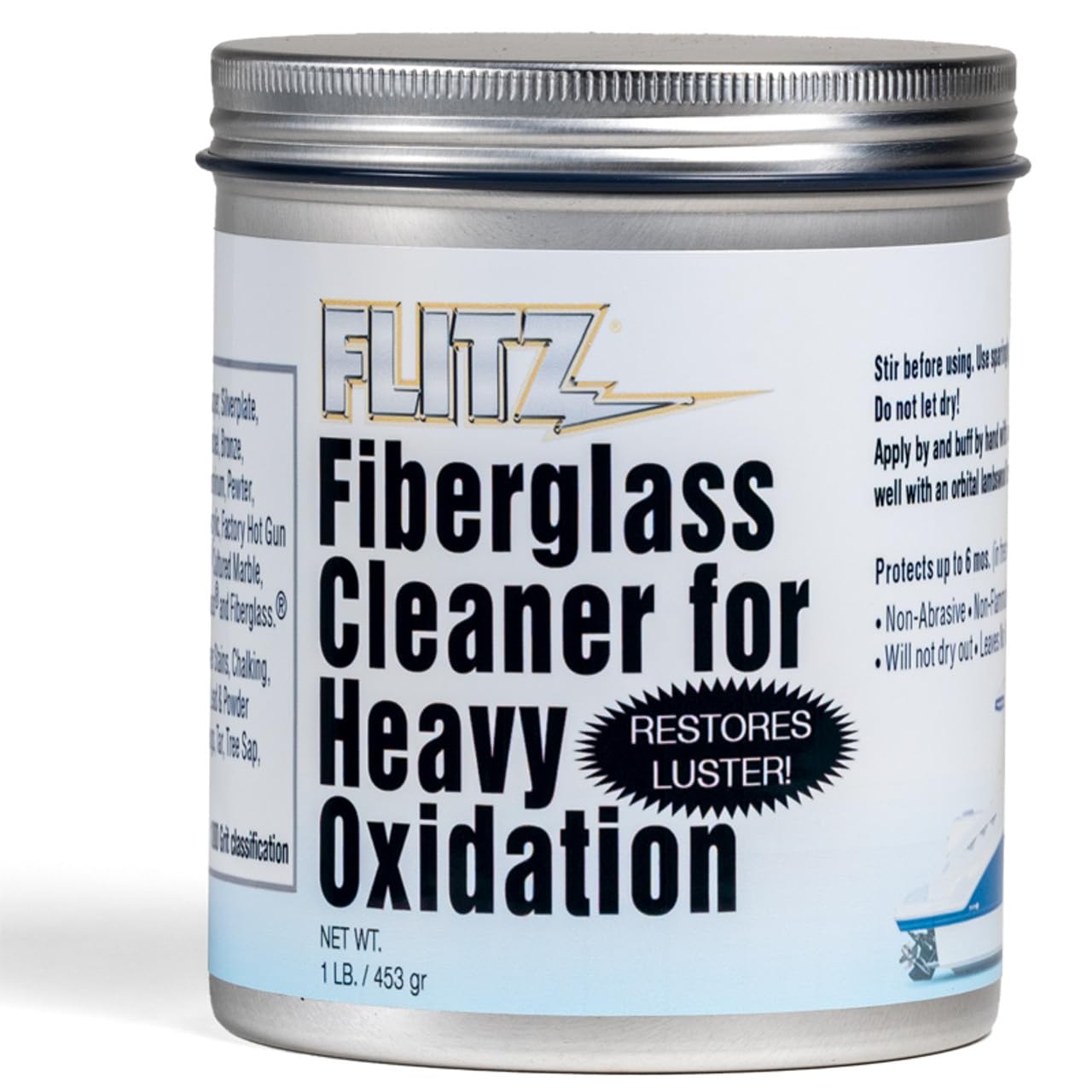 Flitz Fiberglass Cleaner jar removing heavy oxidation on faded fiberglass surface