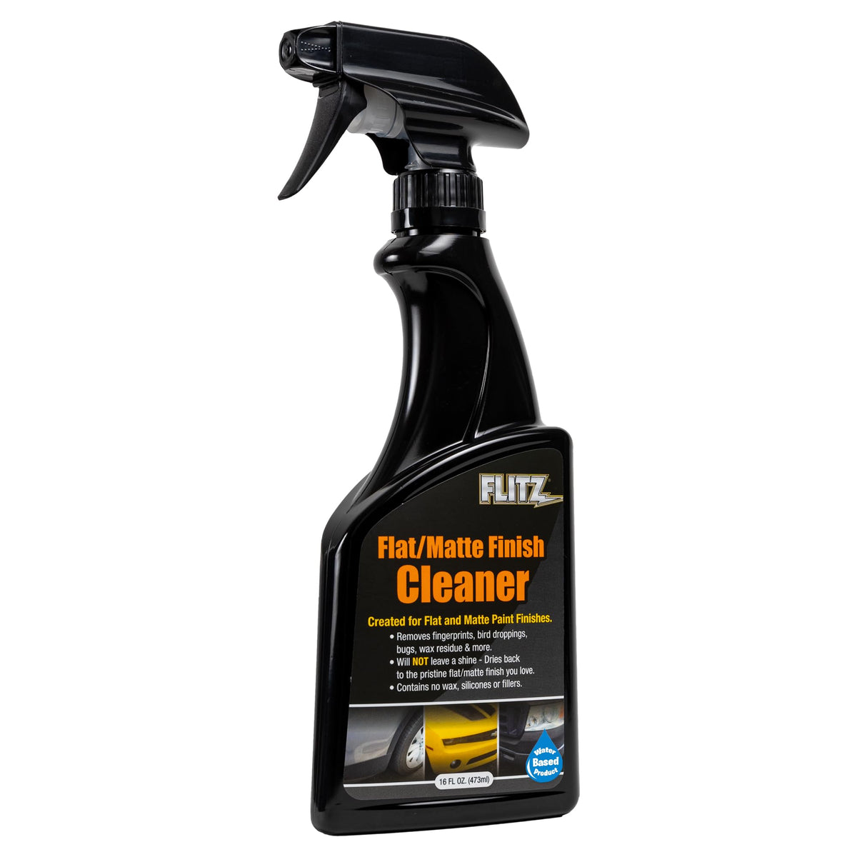FLITZ Flat Matte Finish Cleaner bottle pour shows quick-dry action for matte surfaces.