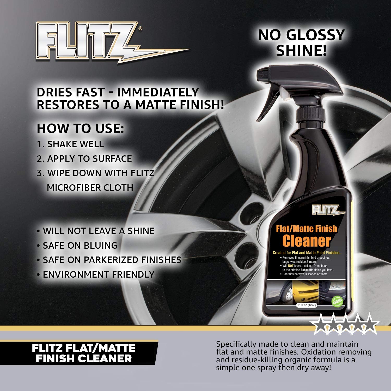 FLITZ matte finish cleaner buffed with microfiber cloth for streak-free results.