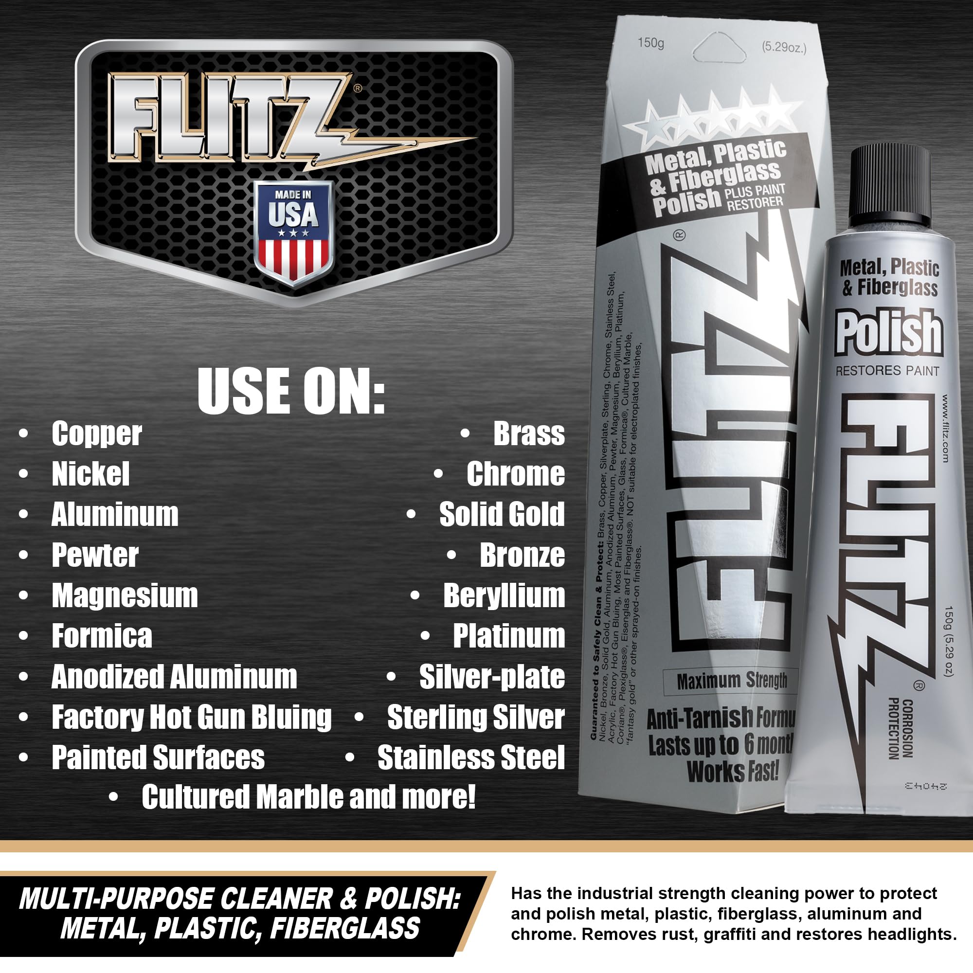 FLITZ label close-up shows USA-made polish suitable for solid metals