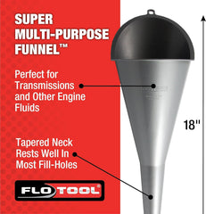FloTool Super Multi-Purpose Funnel helps prevent cross-contamination during transmission and engine fluid pours.