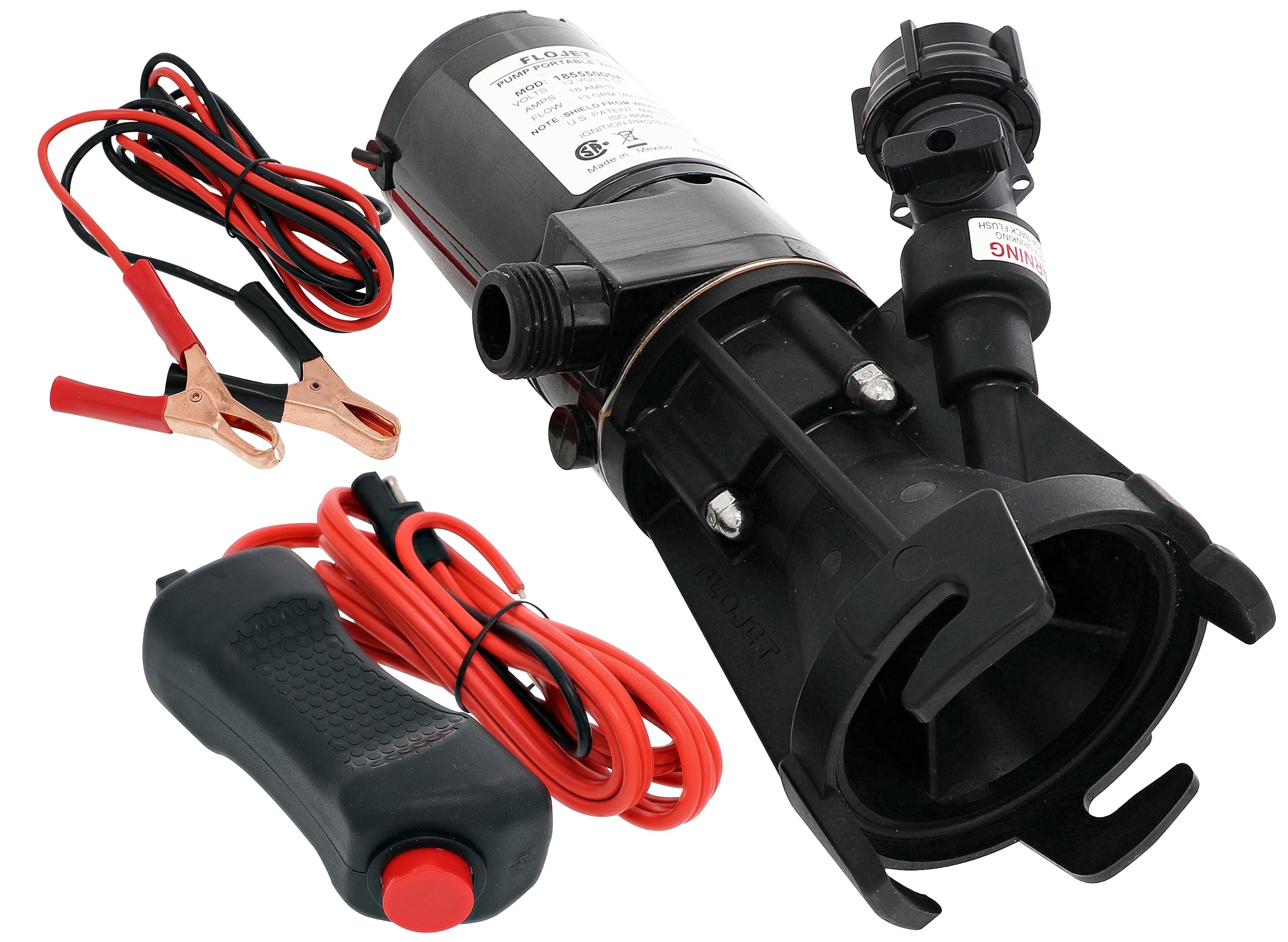Flojet macerator pump connected to an RV tank for quick 30-gallon emptying.