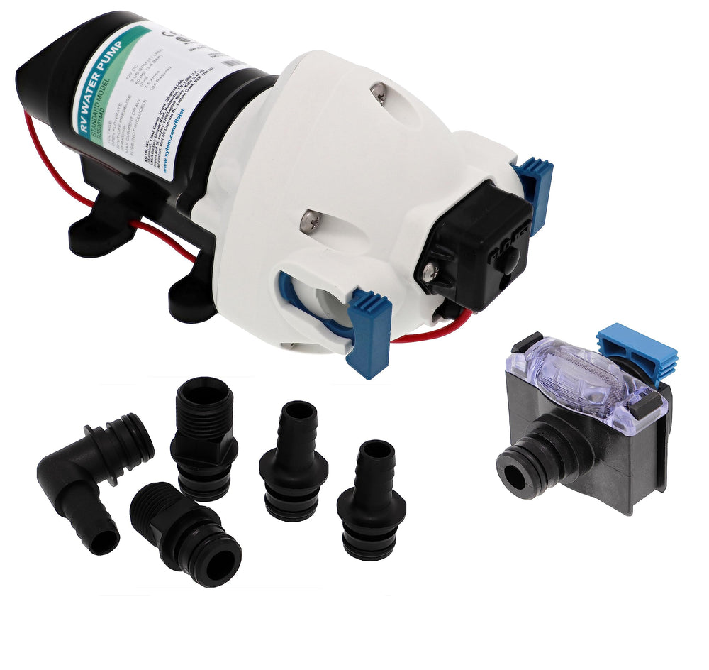 Flojet R3526144D pump top view highlights compact design ideal for RV and boat installs