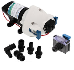 Flojet R3526144D pump top view highlights compact design ideal for RV and boat installs