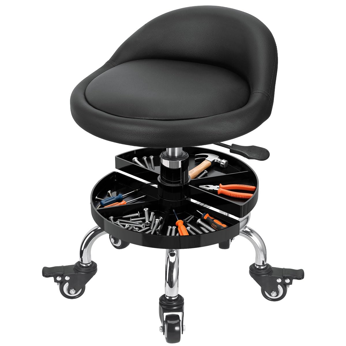 FLOLXNB garage mechanic stool with storage tray for organized repairs.