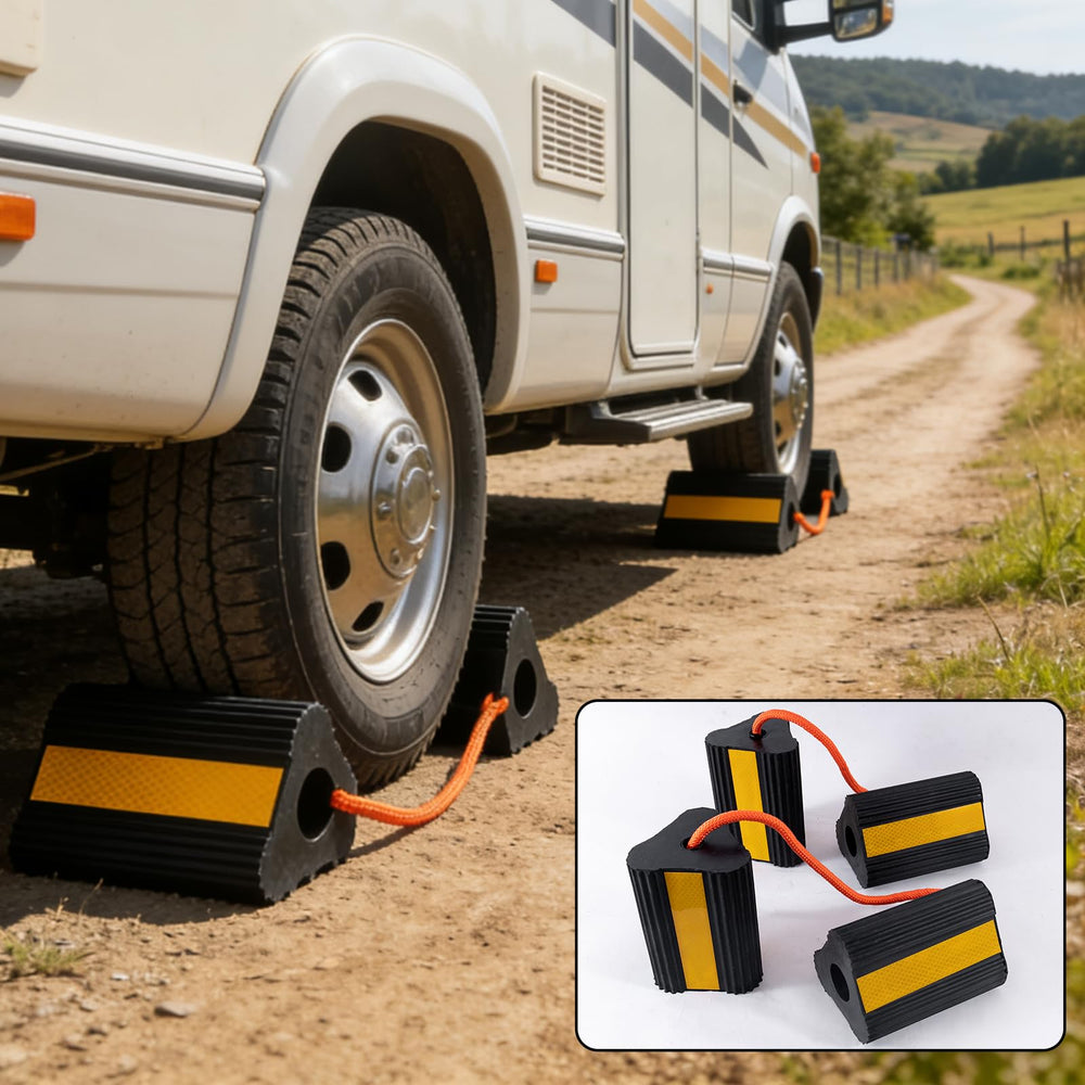 Florety 4-pack packaging showing versatile wheel chocks for multiple vehicles.