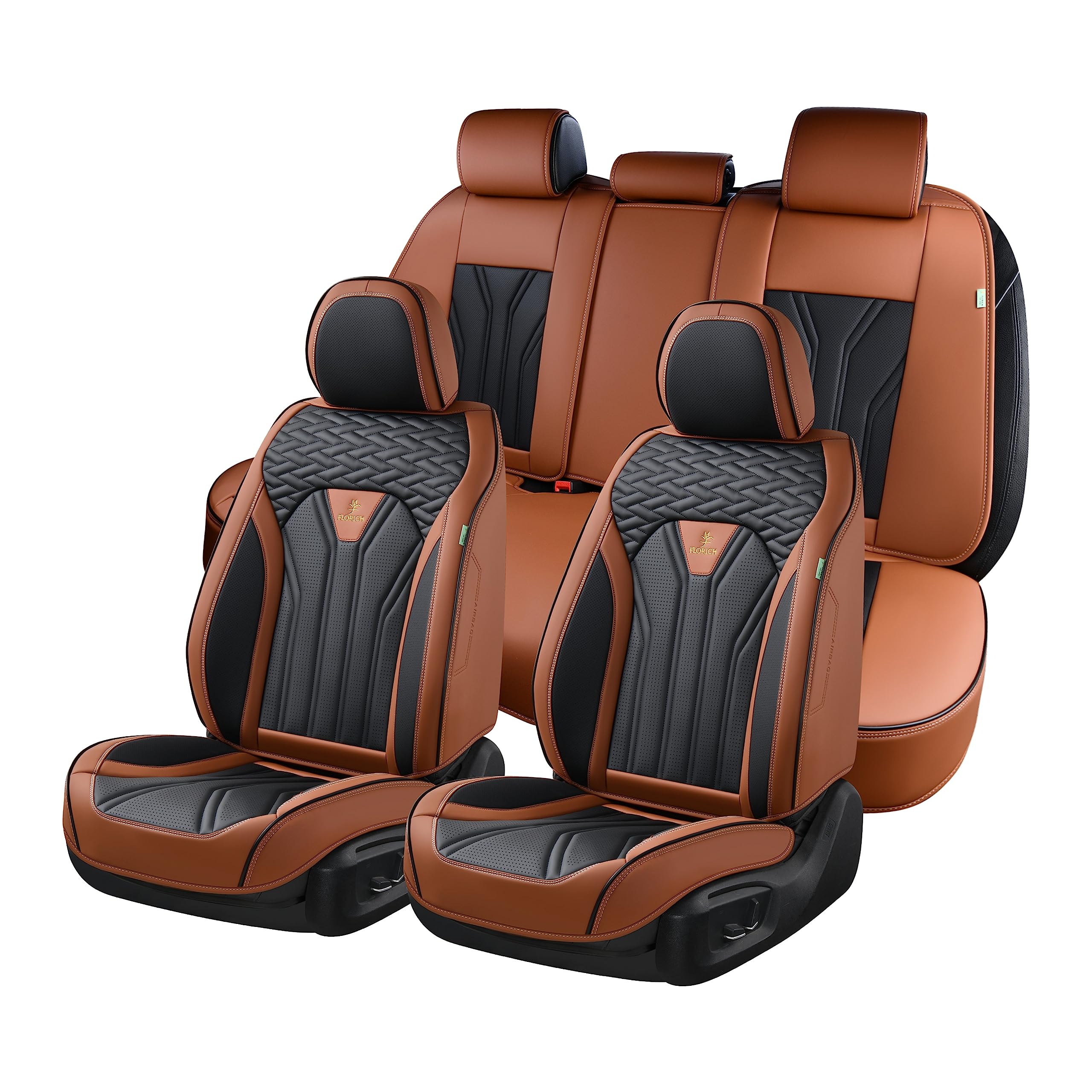 FLORICH leather seat covers in front view show universal fit for most vehicles.