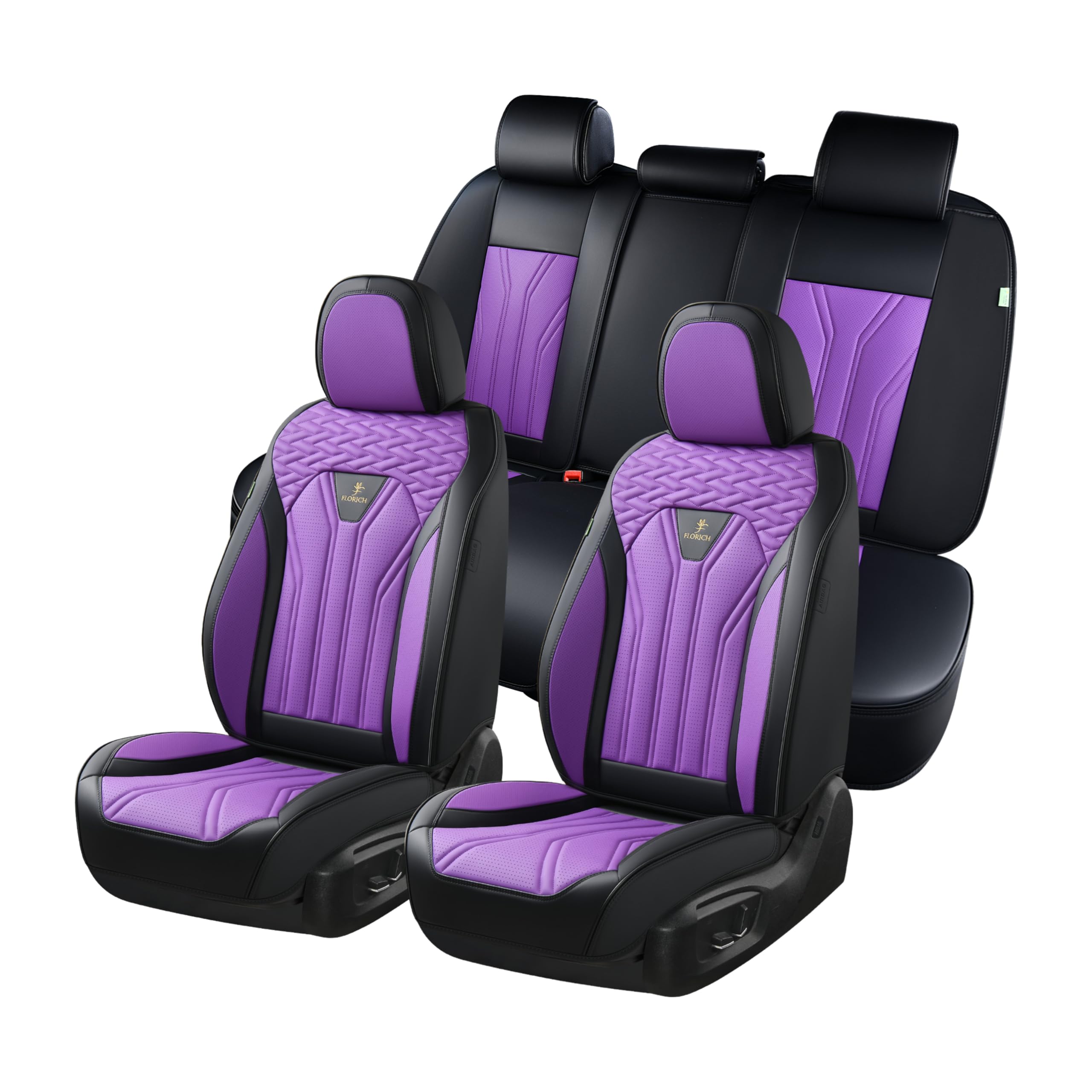 FLORICH purple and black seat covers on full set for universal fit and protection.