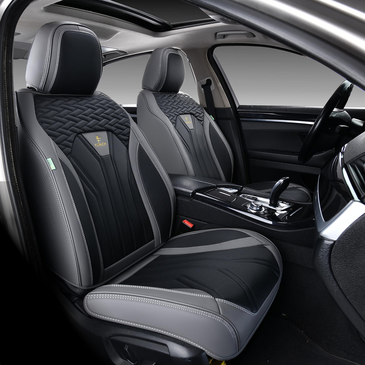 FLORICH universal-fit seat covers in gray and black protect seats while keeping airbags functional.