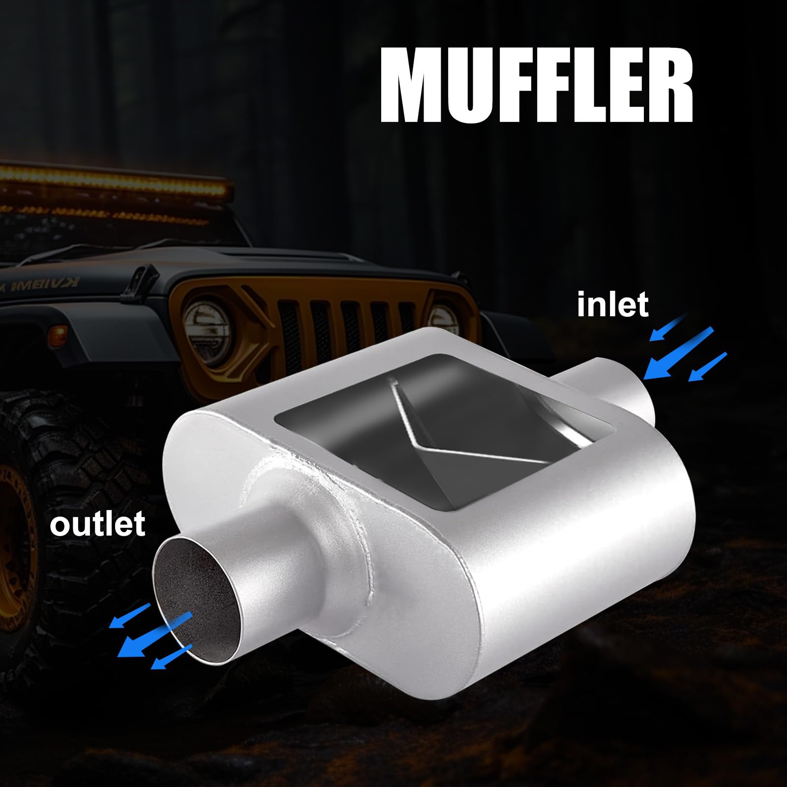 Floshine universal mufflers body dimensions and design for centered inlet and outlet.