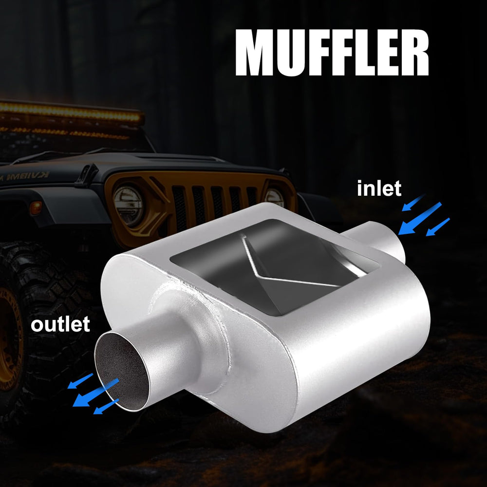 Floshine universal mufflers body dimensions and design for centered inlet and outlet.