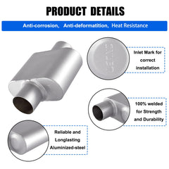 Floshine universal mufflers inlet-outlet closeup demonstrates 2.5-inch ports for smooth exhaust flow.