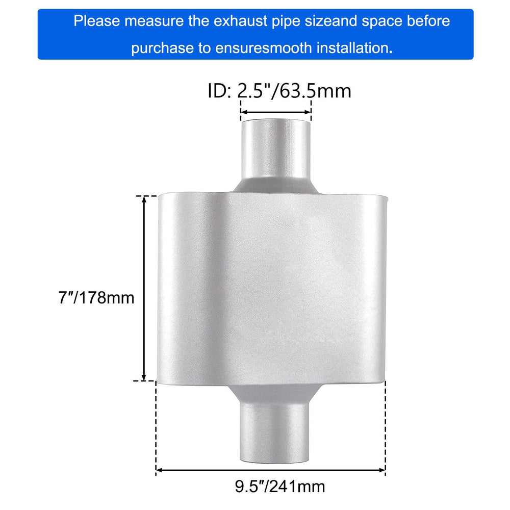 Floshine universal mufflers side profile highlights compact shape for versatile installation.