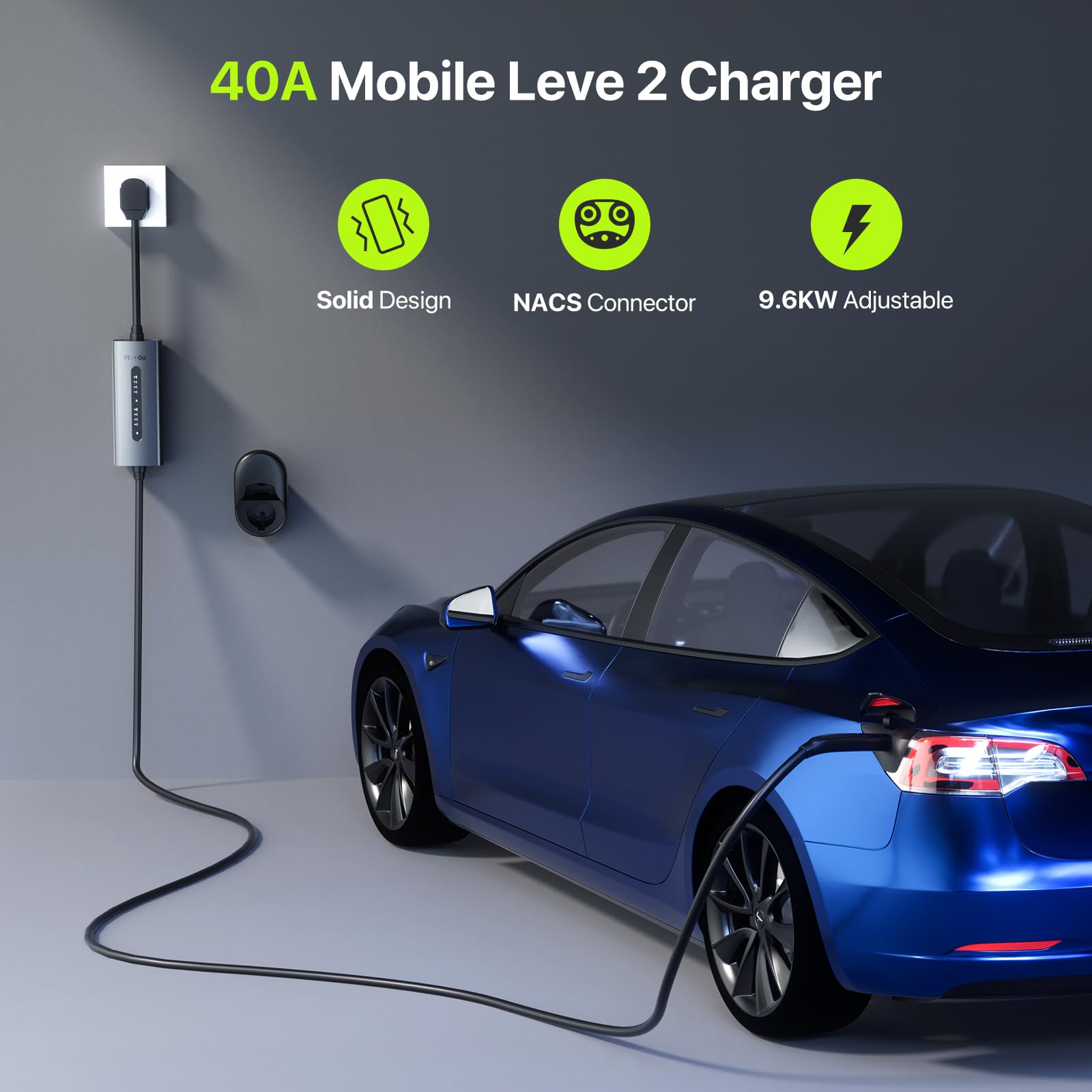 FlowGo charger with NEMA 14-50 plug for versatile outlet options