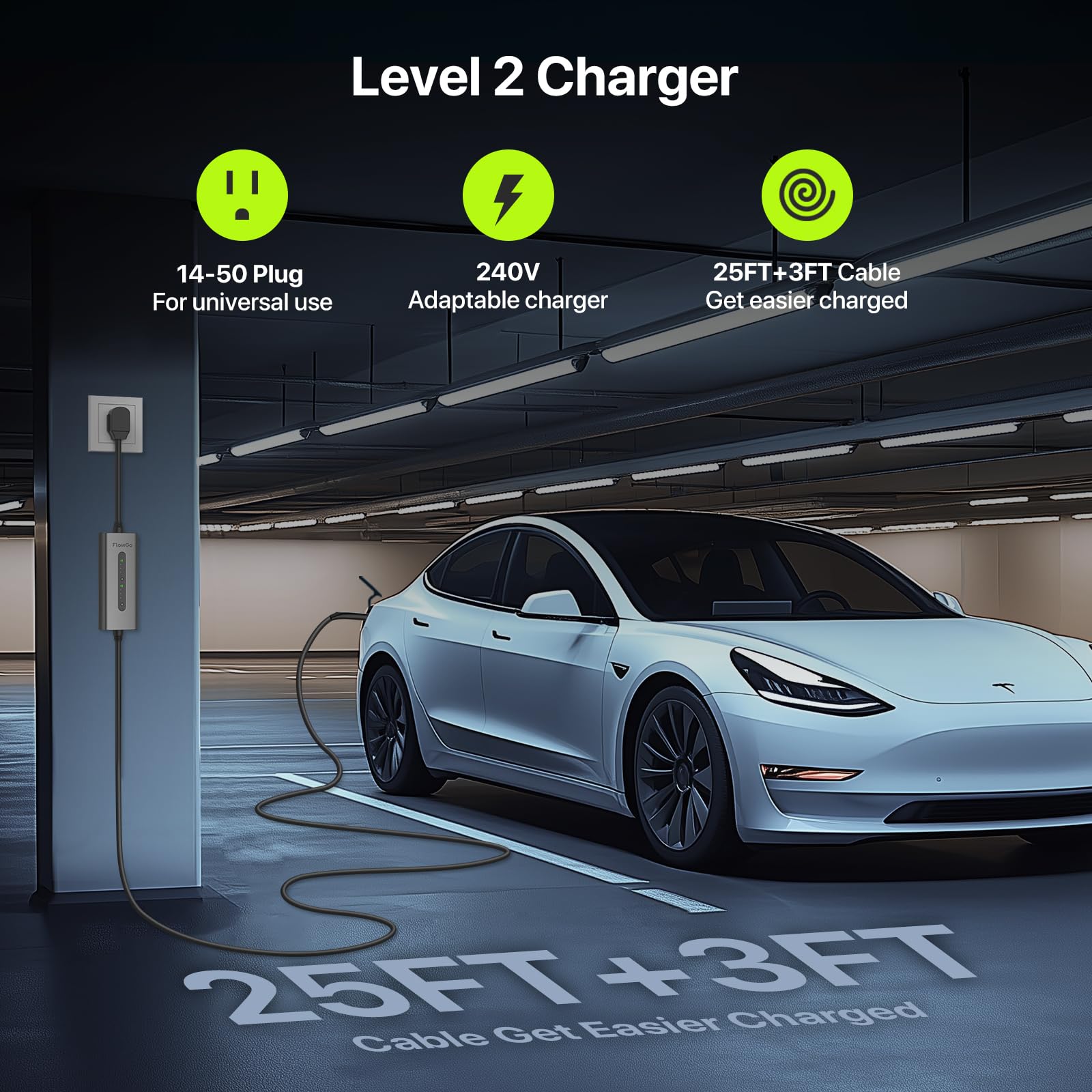 FlowGo shows a 25ft cable for flexible charging in multiple locations