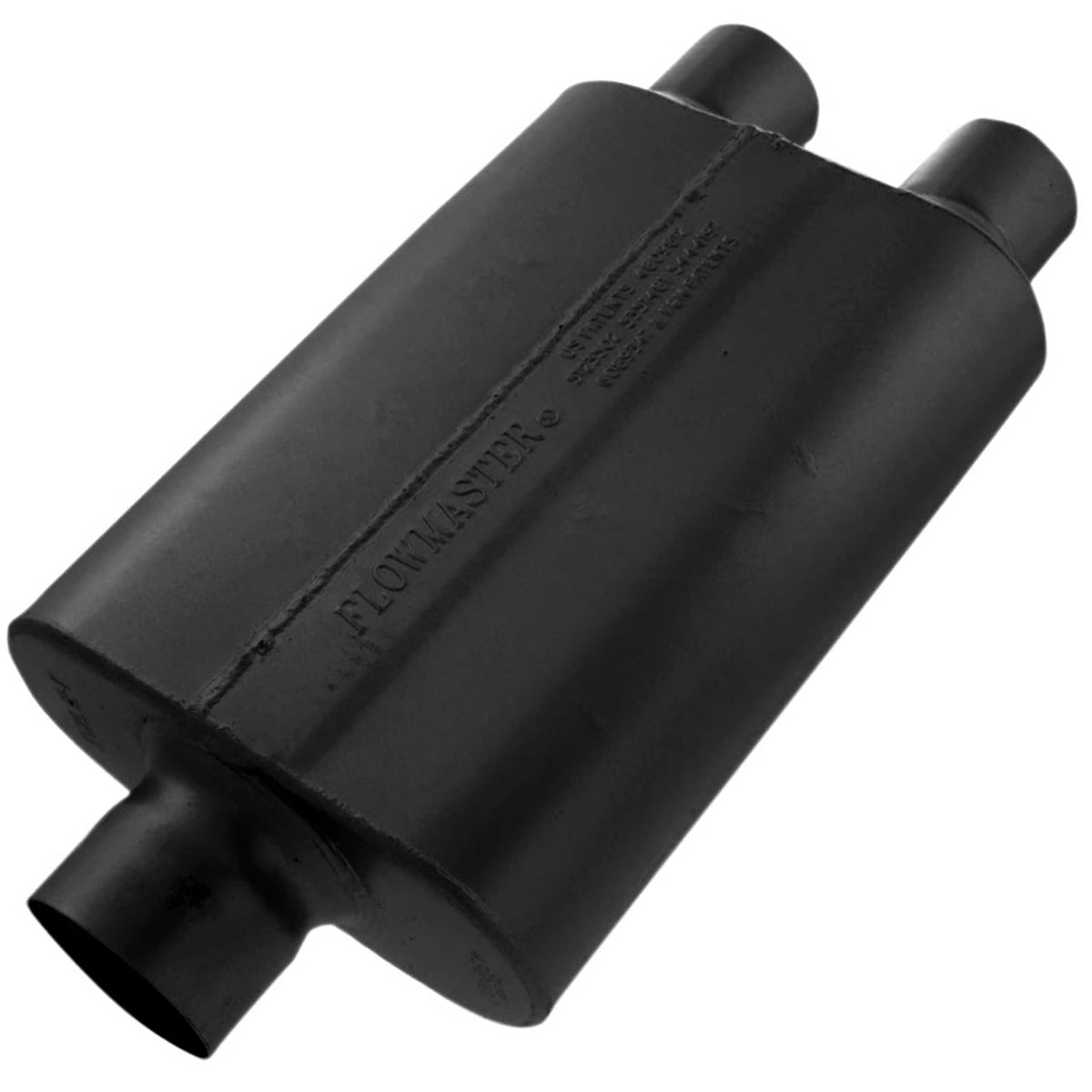 Flowmaster 40-Series muffler front view showcases bold sound for muscle cars.