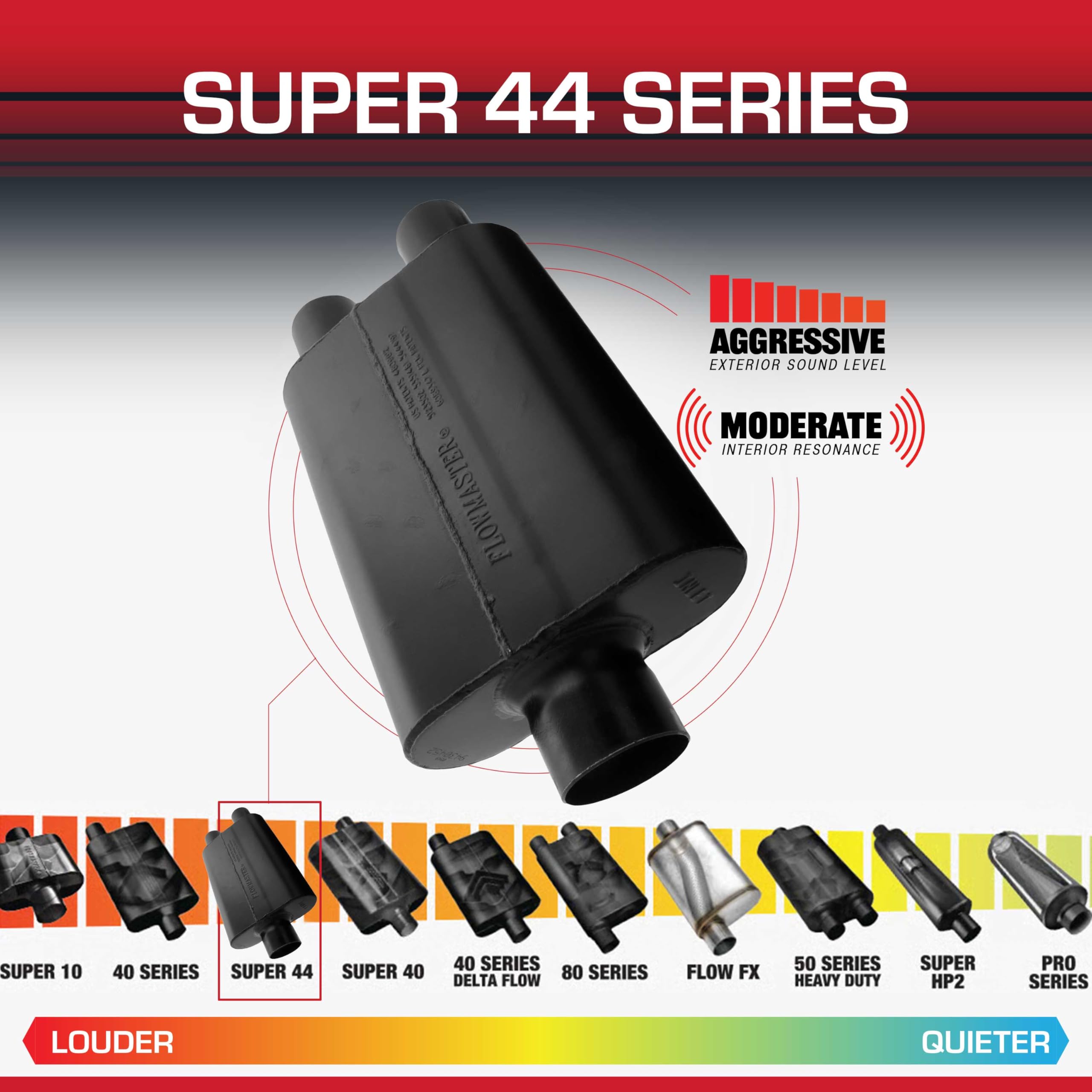 Flowmaster 44-series Delta Flow technology internal chambers improve scavenging and exhaust flow.