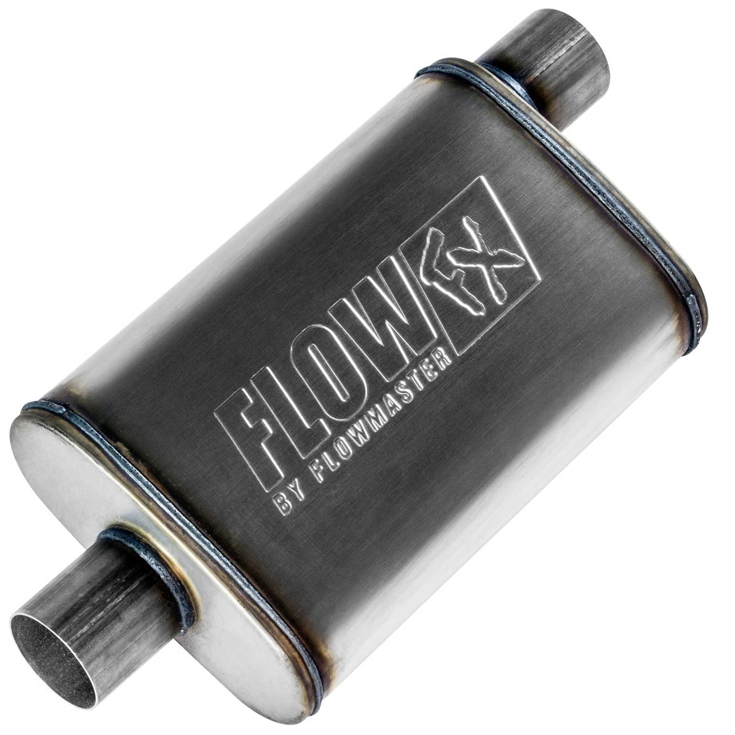 Flowmaster Flow FX chambered muffler body in stainless steel for durable, balanced street performance.