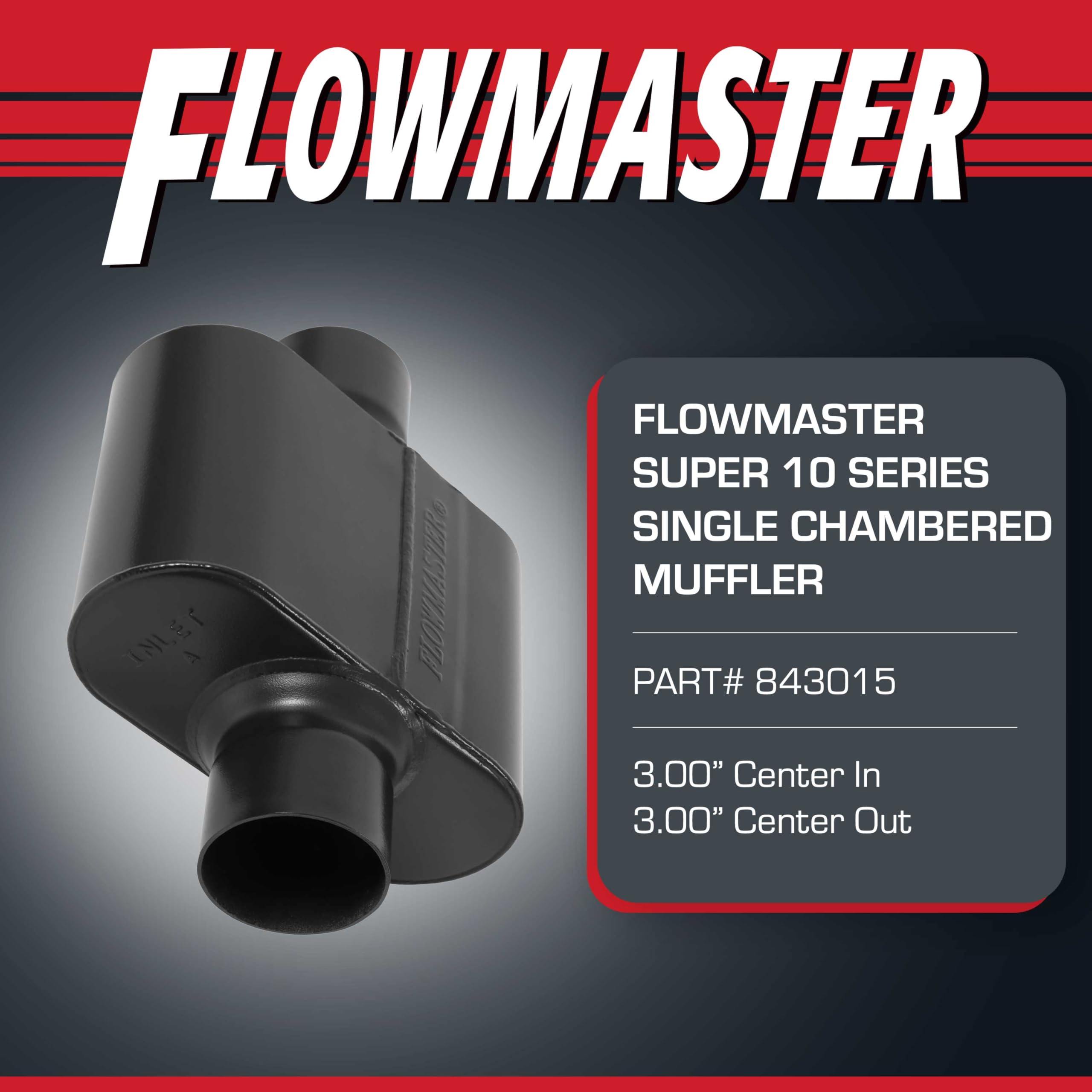 Flowmaster Super 10 Series muffler side profile showing rugged exhaust design.