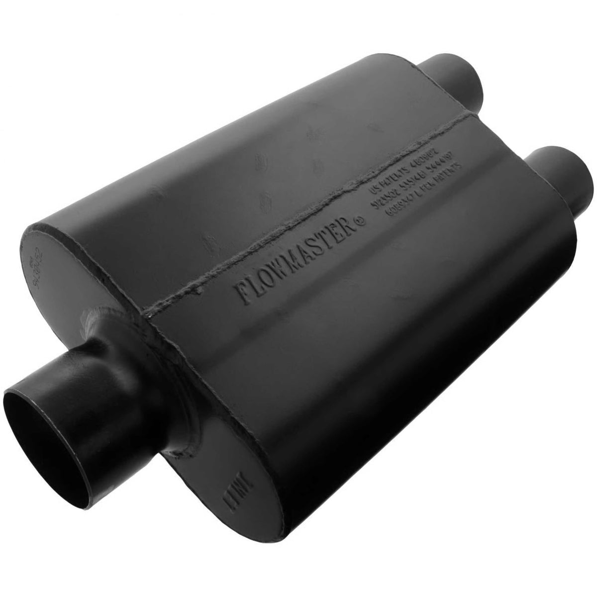 Flowmaster Super 44 muffler front view showing aggressive exterior tone.
