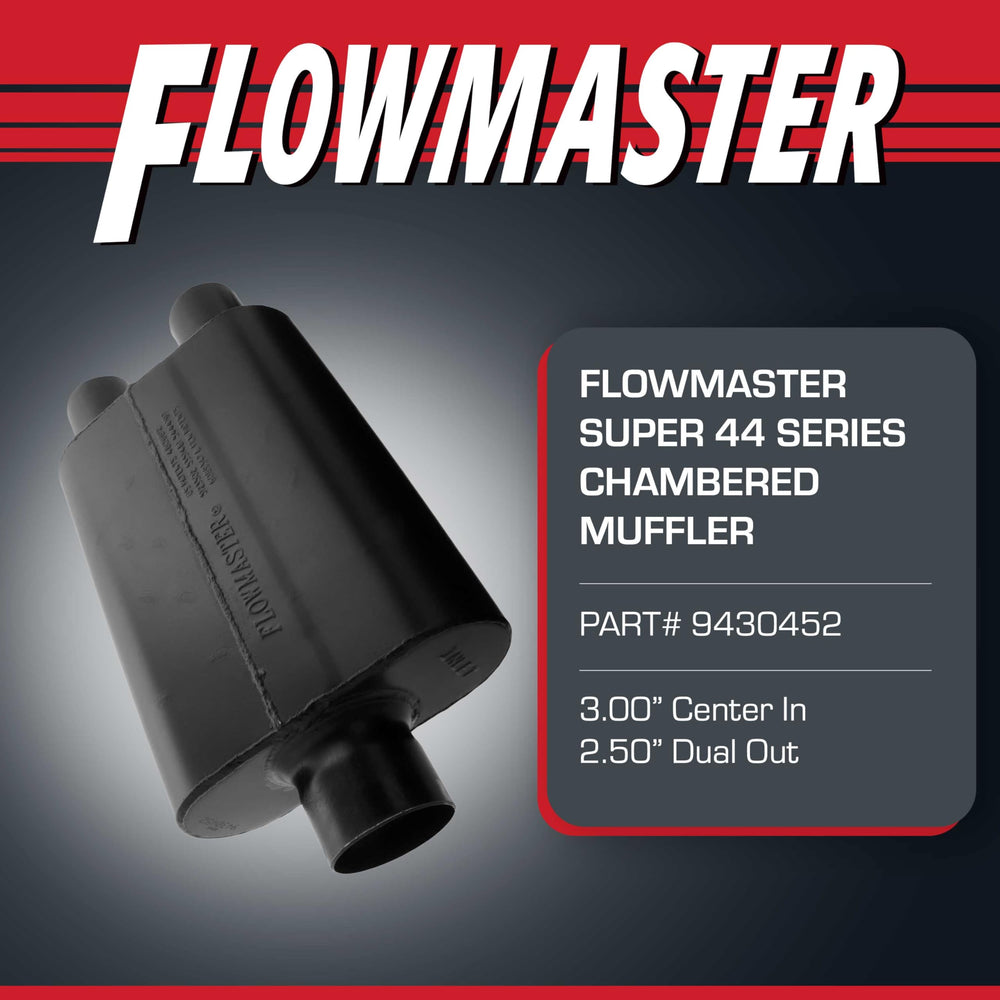 Flowmaster Super 44 muffler side profile highlighting compact design for tight engine bays.