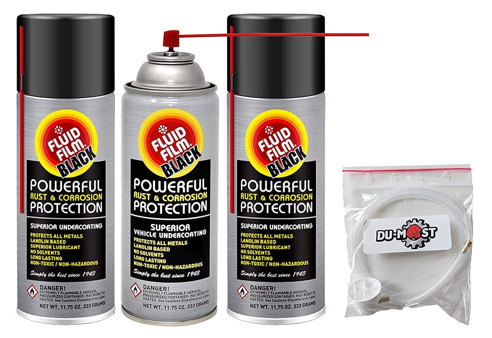 Fluid Film Black kit with three cans and extension hose for rust protection across metal surfaces