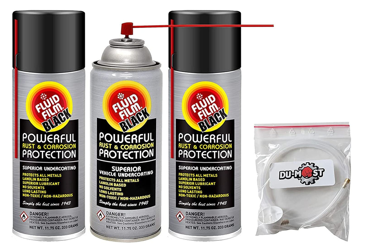 Fluid Film Black kit with three cans and extension hose for rust protection across metal surfaces