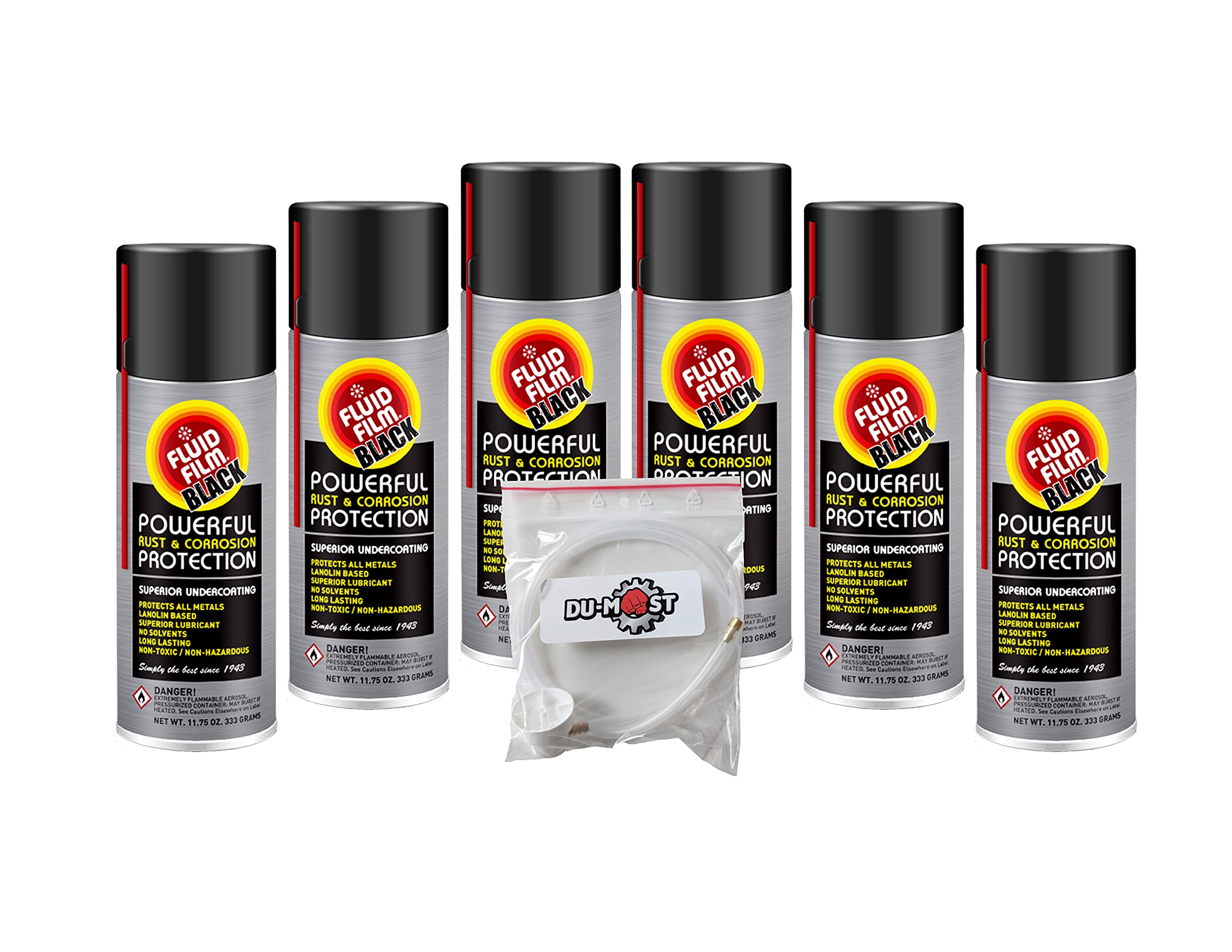 Fluid Film Black six-aerosol cans provide comprehensive corrosion protection and lubrication.