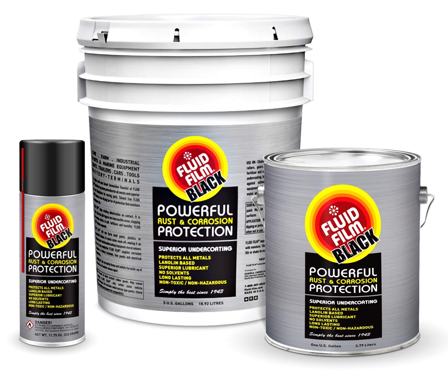 Fluid Film Black cans and packaging ready for rugged automotive and marine use