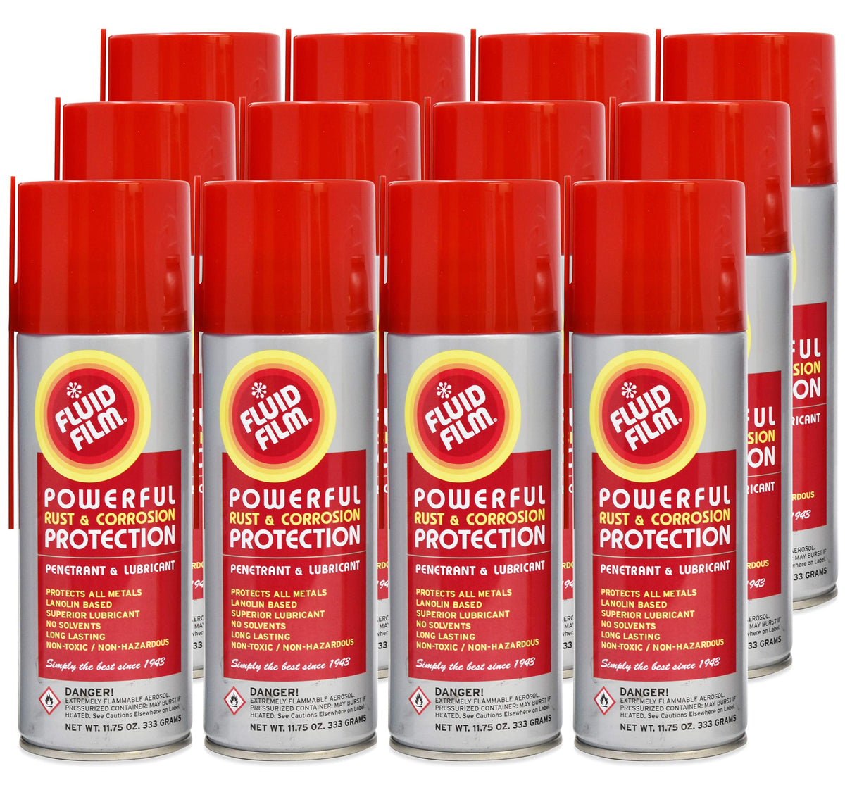 Fluid Film penetrating oil bottle with 11.75 oz in a 12-pack, for rust loosening and lubrication.