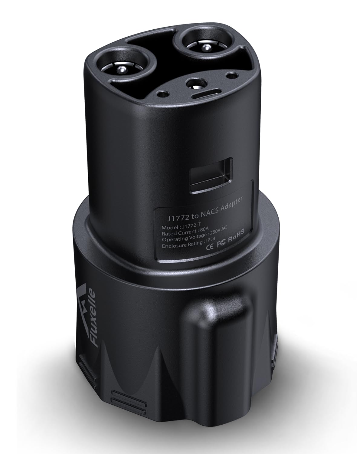 Fluxelle J1772 to Tesla adapter front view for versatile on-the-road charging.