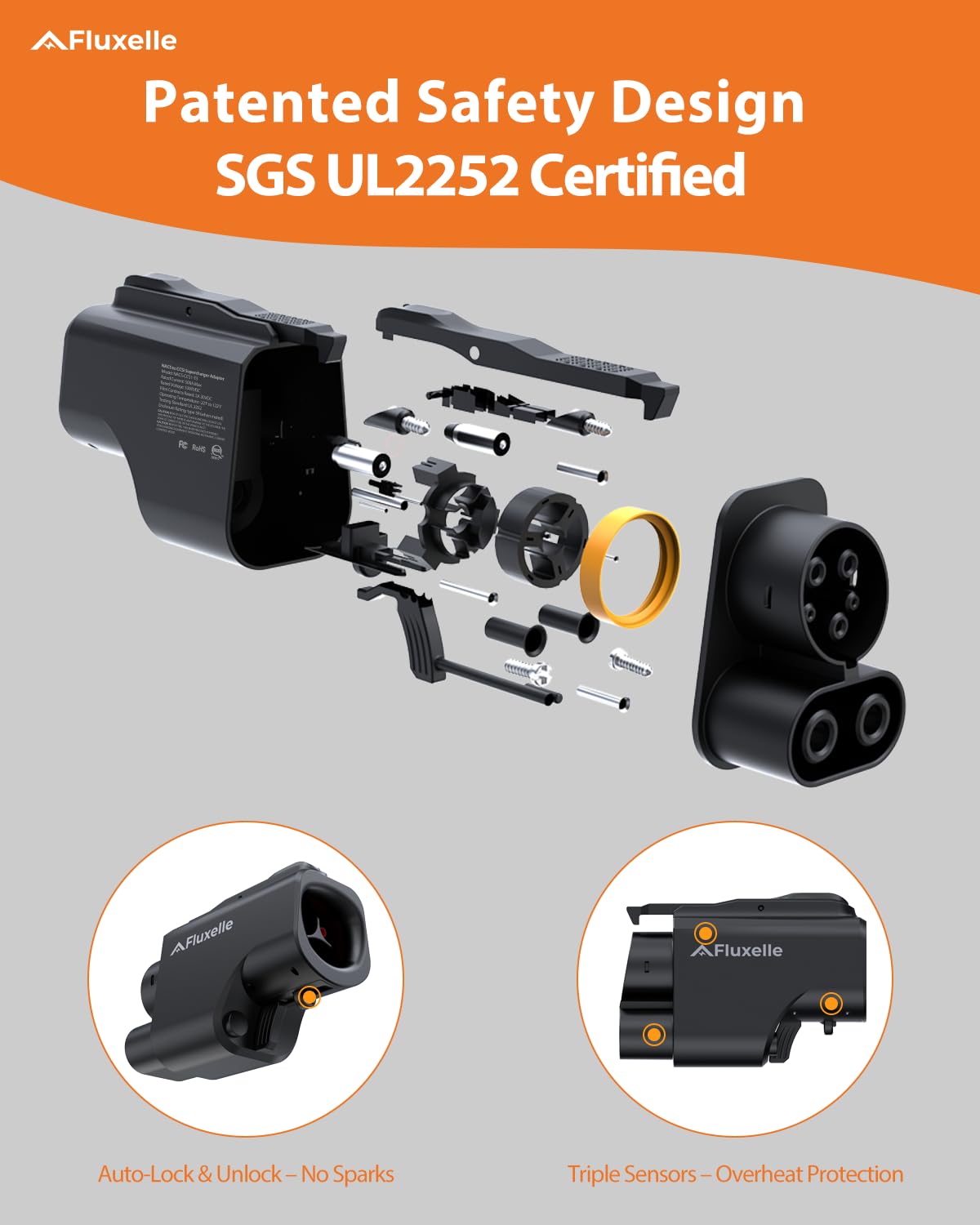 Fluxelle NACS to CCS adapter dual locking mechanism for safe connections during charging.