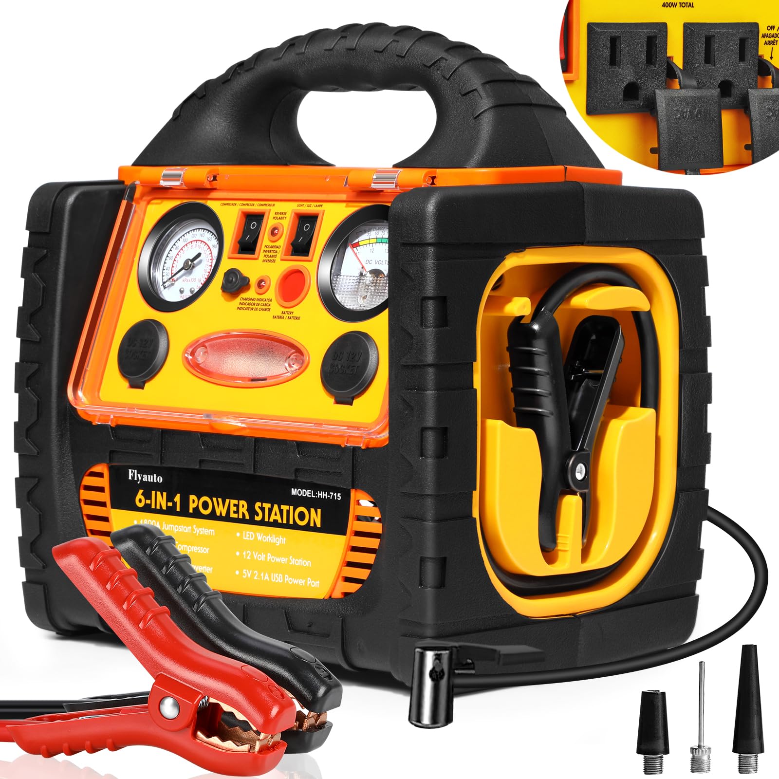 FlyAuto 1800A jump starter powering a car start on the roadside.