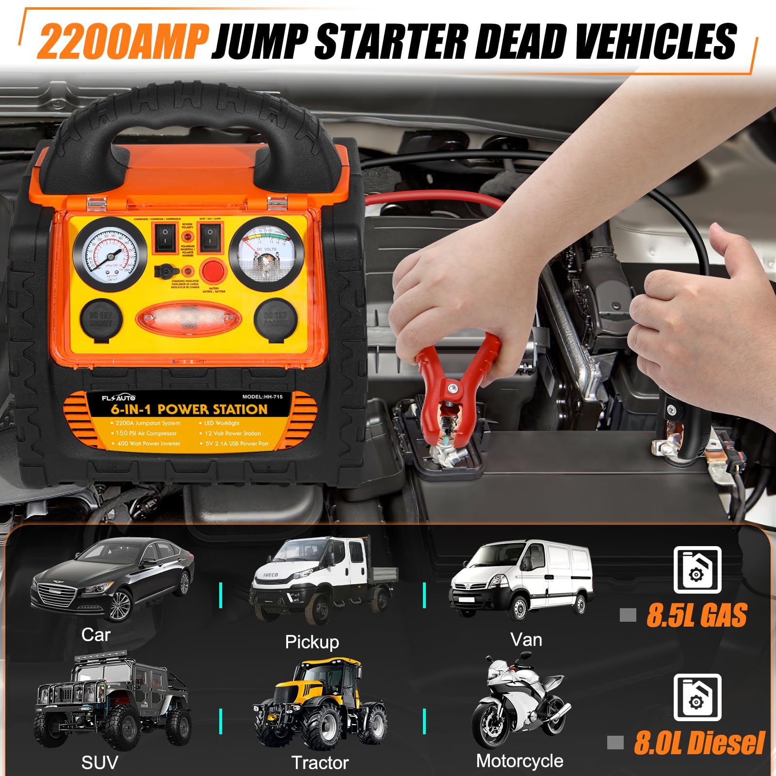 FlyAuto jump starter’s digital air compressor inflating tires on the go