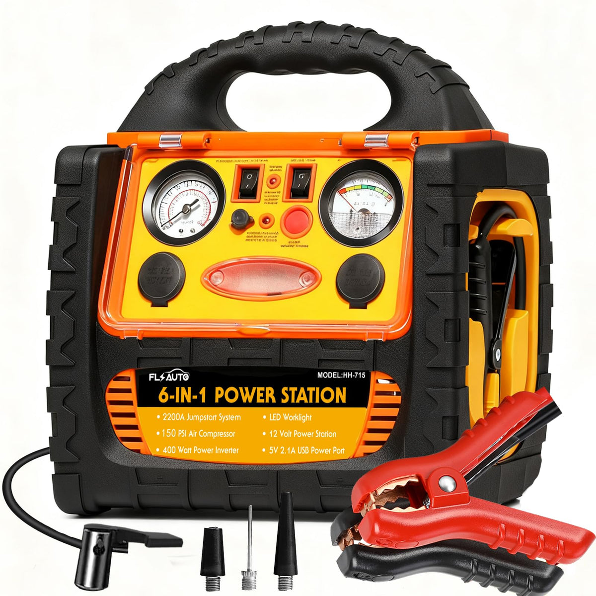 FlyAuto 6-in-1 jump starter front view powering car batteries on the road