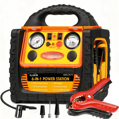 FlyAuto 6-in-1 jump starter front view powering car batteries on the road
